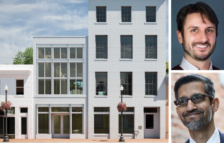 A rendering of 3235 M Street NW, Philippe Lanier of Eastbanc, and Sundar Pichai of Alphabet.