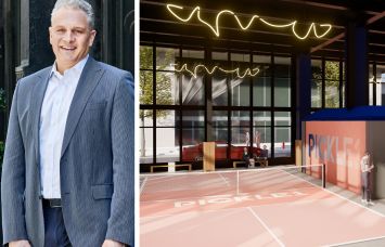 Allen Gurevich of GFP Real Estate and a rendering of Pickle1 courts at 100 Pearl Street.
