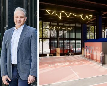 Allen Gurevich of GFP Real Estate and a rendering of Pickle1 courts at 100 Pearl Street.