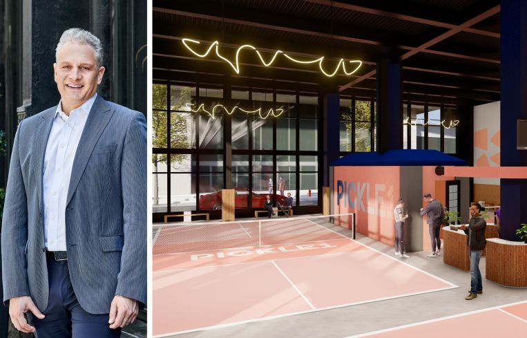 Allen Gurevich of GFP Real Estate and a rendering of Pickle1 courts at 100 Pearl Street.