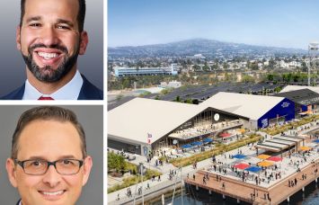 Bill Fishel of Newmark, Brian Saenger of The Ratkovich Company, and a rendering of West Harbor in San Pedro, Calif.