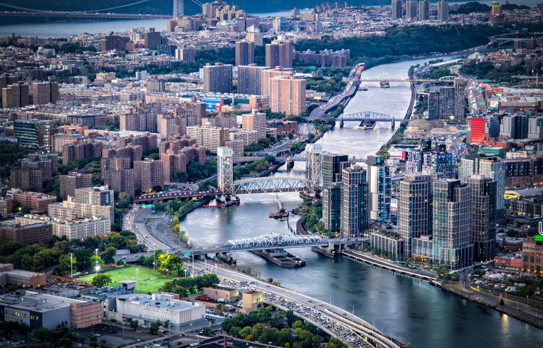 The Harlem River separating the Bronx and Upper Manhattan shot via helicopter from an altitude of about 1000 feet.