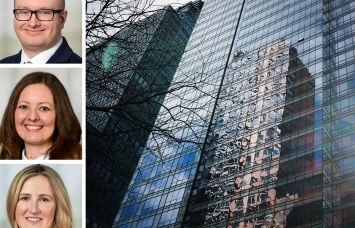 Connor Chilton, Sarah Brooks, and Rebecca Webb of Savills, and office buildings in Midtown Manhattan.