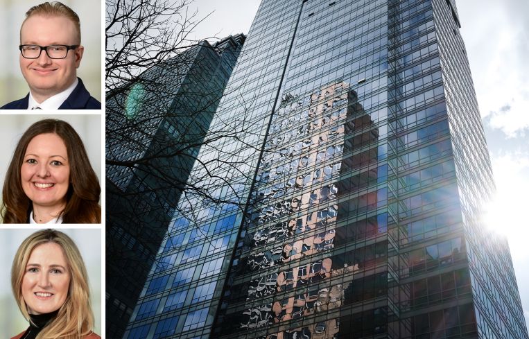 Connor Chilton, Sarah Brooks, and Rebecca Webb of Savills, and office buildings in Midtown Manhattan.