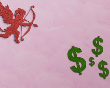 A illustration of cupid shooting dollar signs.