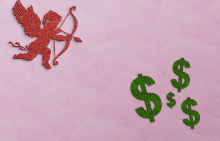 A illustration of cupid shooting dollar signs.