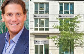 G&M Realty 2 LLC President David Wolkoff and a rendering of the planned Queens Public Library Court Square branch.