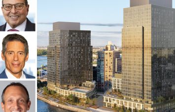 The Durst Organization's Douglas Durst and Jody Durst, Affinius Capital's David Greenburg, and a rendering of 20-30 Halletts Point.