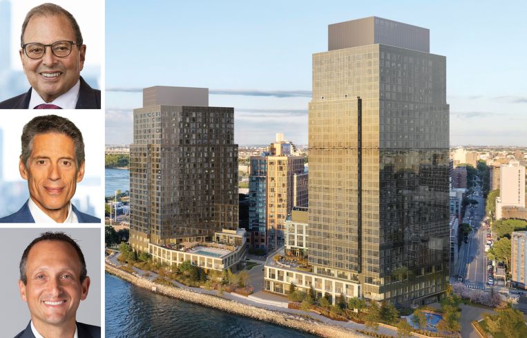 The Durst Organization's Douglas Durst and Jody Durst, Affinius Capital's David Greenburg, and a rendering of 20-30 Halletts Point.