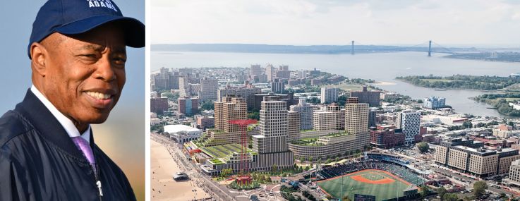 Mayor Eric Adams and a rendering of the proposed Coney Island West project.