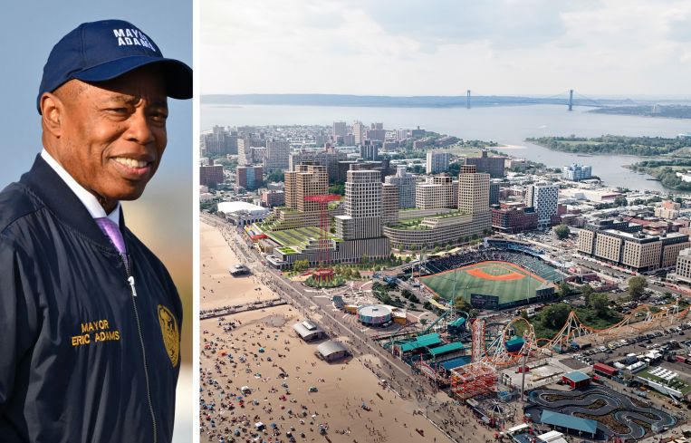 Mayor Eric Adams and a rendering of the proposed Coney Island West project.