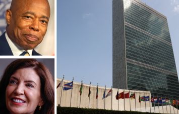 Mayor Eric Adams, Gov. Kathy Hochul, and the United Nations headquarters.