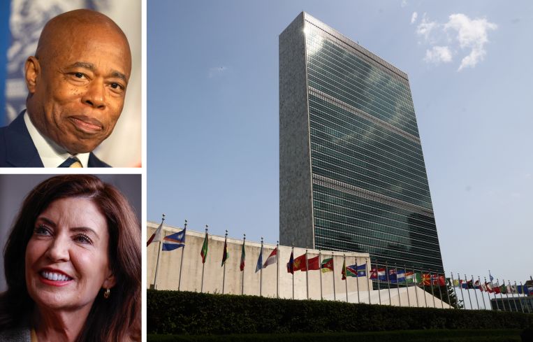 Mayor Eric Adams, Gov. Kathy Hochul, and the United Nations headquarters.