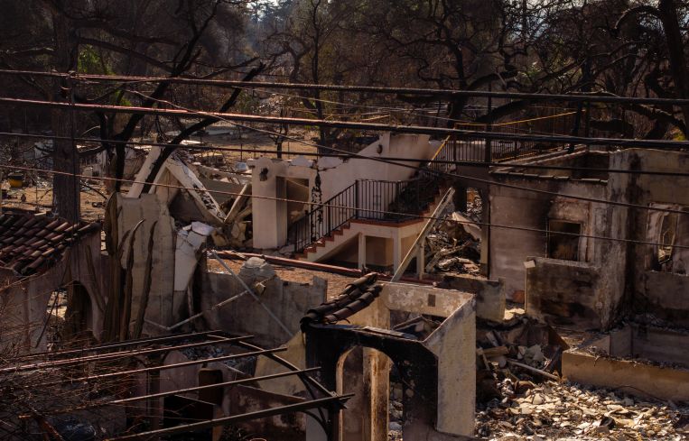 In an aerial view, some of the thousands of homes destroyed by the Eaton Fire lie in ruins n Altadena, California.