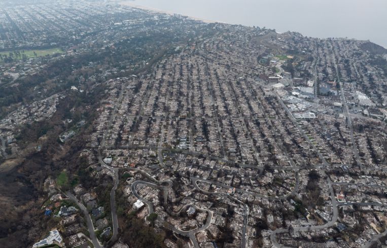 Aerial shot of the Pacific Palisades neighborhood after the fire.