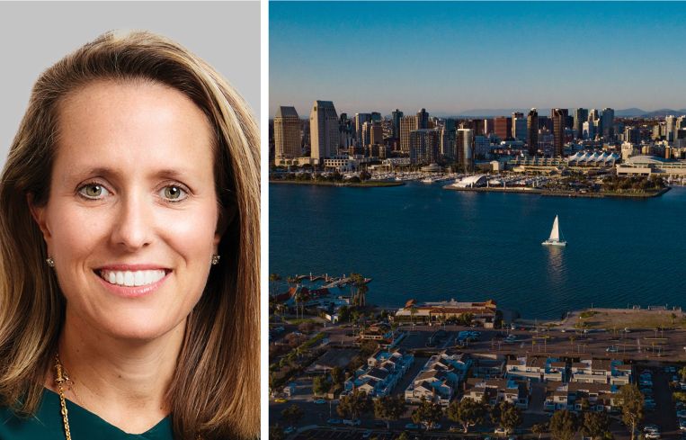 Hilary Provinse, executive vice president of capital markets at Berkadia, and the San Diego skyline.