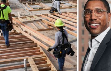 Workers build a house and J.P. Morgan's Chad Tredway.