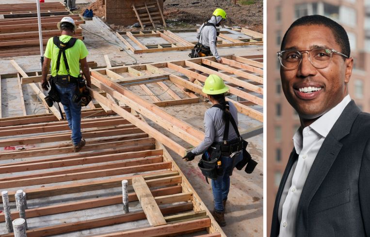 Workers build a house and J.P. Morgan's Chad Tredway.