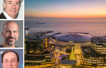 Joel Marcus of Alexandria Real Estate, Dara Khosrowshahi of Uber, Joe Lacob of the Golden State Warriors, and the Chase Center and its neighboring office buildings.
