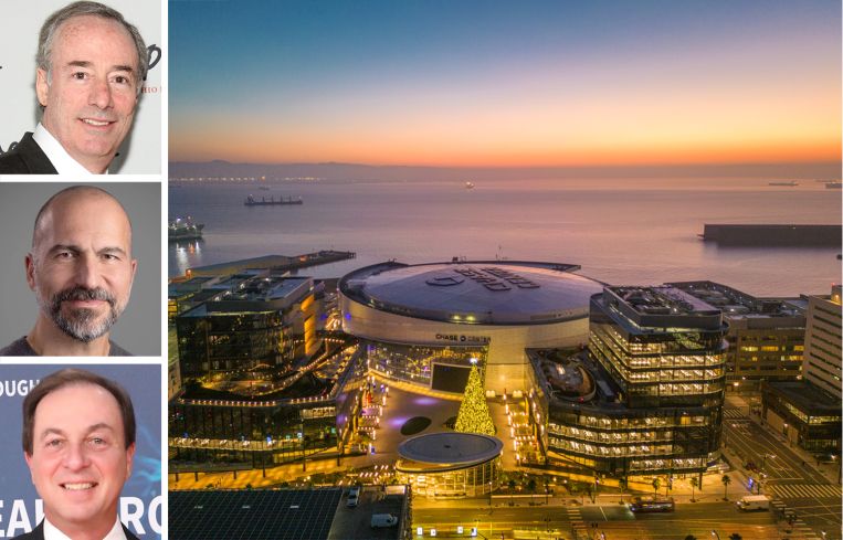 Joel Marcus of Alexandria Real Estate, Dara Khosrowshahi of Uber, Joe Lacob of the Golden State Warriors, and the Chase Center and its neighboring office buildings.