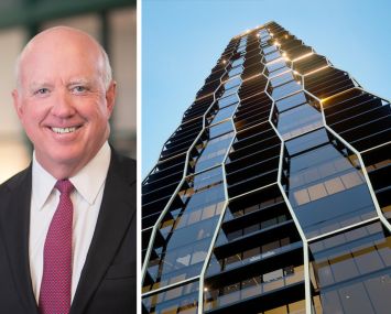 Sonesta President and CEO John Murray and a rendering of the proposed Sonesta James Hotel and Residences in Miami.