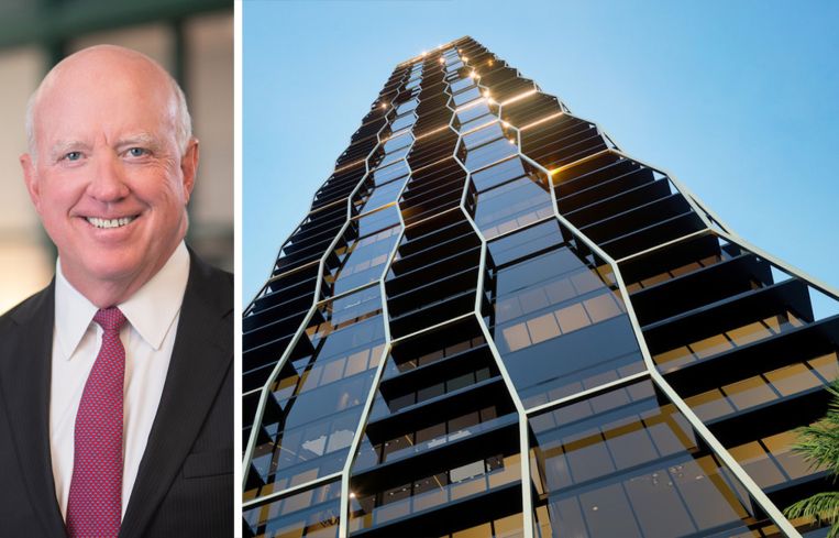 Sonesta President and CEO John Murray and a rendering of the proposed Sonesta James Hotel and Residences in Miami.