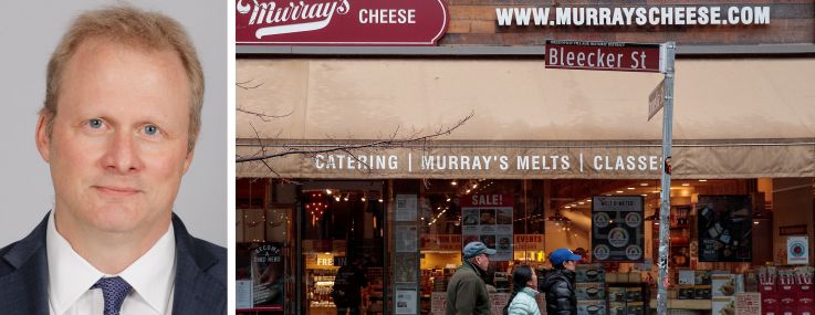 Keith DeCoster of REBNY and people walking in front of Murray's Cheese on Bleecker Street.