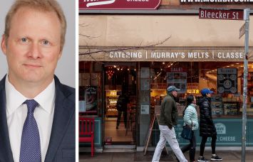 Keith DeCoster of REBNY and people walking in front of Murray's Cheese on Bleecker Street.