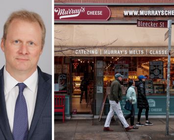 Keith DeCoster of REBNY and people walking in front of Murray's Cheese on Bleecker Street.