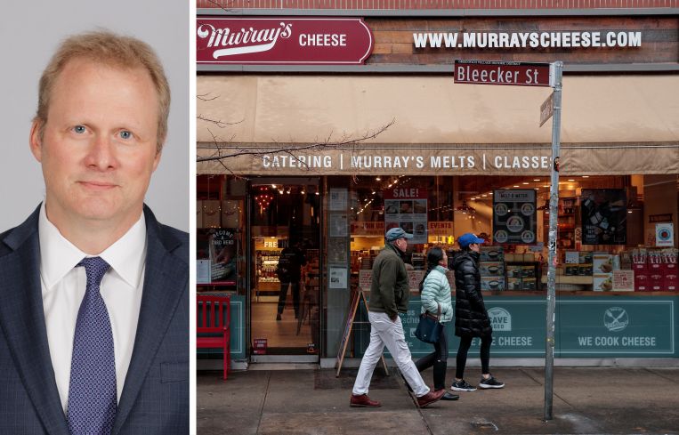 Keith DeCoster of REBNY and people walking in front of Murray's Cheese on Bleecker Street.