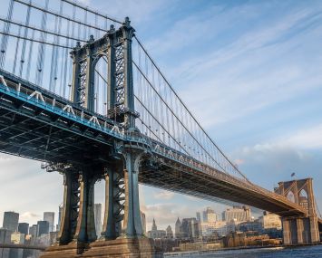 The Manhattan Bridge merging with the Brooklyn Bridge.