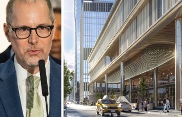 Manhattan Borough President Mark Levine and a rendering of Related Companies and Wynn Resorts proposed Hudson Yards casino.