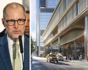 Manhattan Borough President Mark Levine and a rendering of Related Companies and Wynn Resorts proposed Hudson Yards casino.