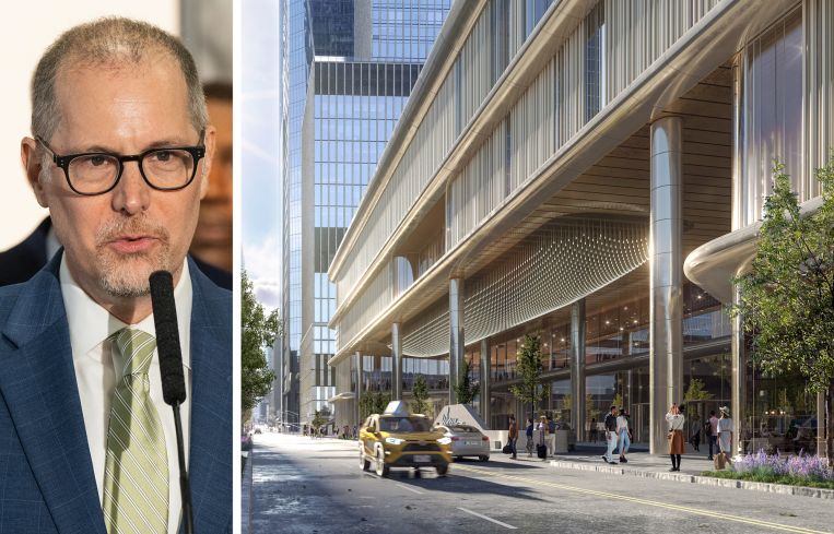 Manhattan Borough President Mark Levine and a rendering of Related Companies and Wynn Resorts proposed Hudson Yards casino.