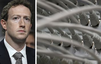 Meta CEO Mark Zuckerberg and a close-up of data center servers.
