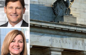 Matthew Rocco, president of Colliers Mortgage, Melissa A. Farrell, managing director at PGIM Real Estate, and the Federal Reserve building.