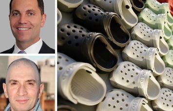 Cushman & Wakefield's Michael O'Neill, Podell Real Estate Advisors' Josh Podell, and Crocs shoes lined up on a shelf.