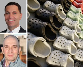 Cushman & Wakefield's Michael O'Neill, Podell Real Estate Advisors' Josh Podell, and Crocs shoes lined up on a shelf.