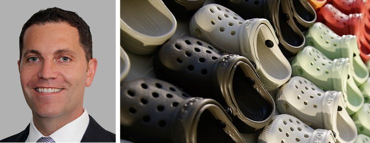 Cushman & Wakefield's Michael O'Neill, Podell Real Estate Advisors' Josh Podell, and Crocs shoes lined up on a shelf.