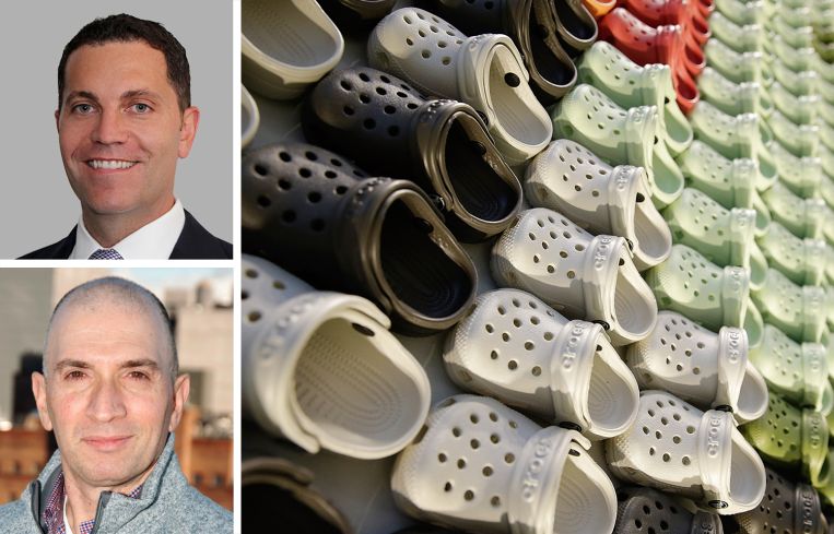 Cushman & Wakefield's Michael O'Neill, Podell Real Estate Advisors' Josh Podell, and Crocs shoes lined up on a shelf.