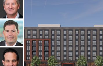 Oliver Carr, CEO of Carr Properties, Kevin Miller, head of acquisitions – Eastern US at Barings, Austen Holderness, chief development officer at Carr Properties, and a rendering of 425 Montgomery Street in Alexandria, Va.