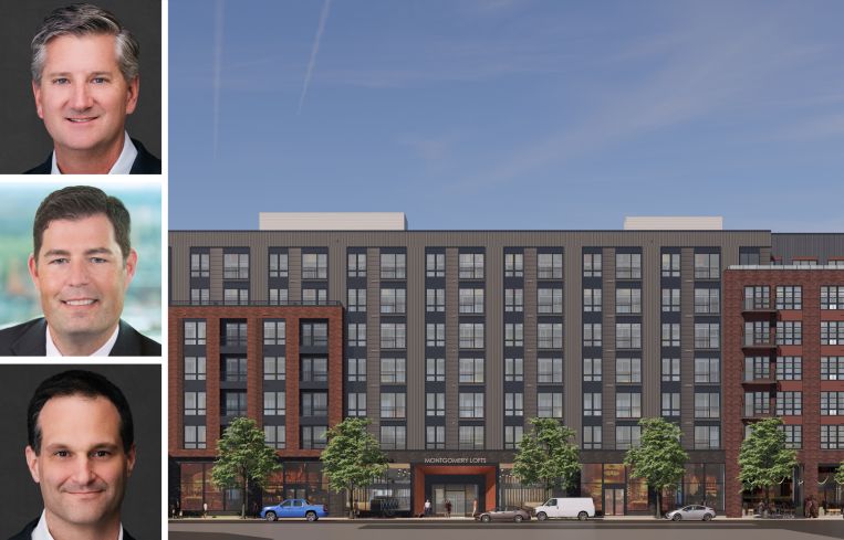 Oliver Carr, CEO of Carr Properties, Kevin Miller, head of acquisitions – Eastern US at Barings, Austen Holderness, chief development officer at Carr Properties, and a rendering of 425 Montgomery Street in Alexandria, Va.