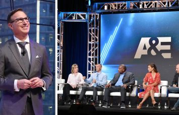Paul Buccieri, president and chairman of A+E Networks Group, and an A+E Network upfront panel.