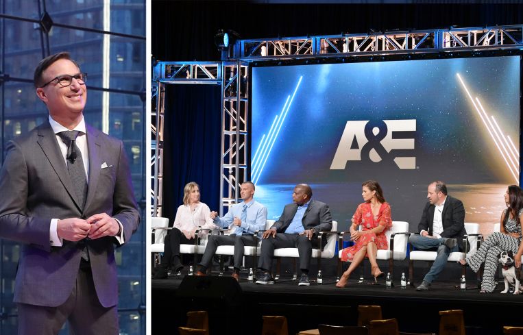 Paul Buccieri, president and chairman of A+E Networks Group, and an A+E Network upfront panel.