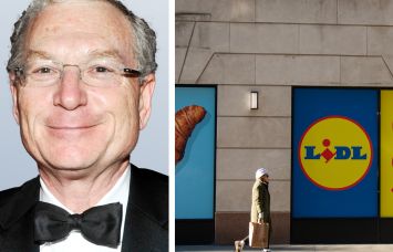 Philip Milstein, principal at Ogden Cap Properties, and a Lidl coming soon sign at 155 East 31st Street.