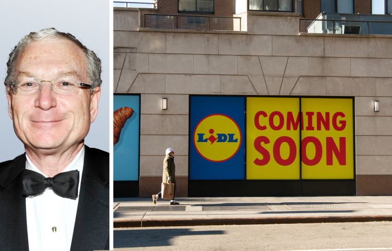 Philip Milstein, principal at Ogden Cap Properties, and a Lidl coming soon sign at 155 East 31st Street.