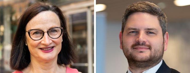 Headshots of a woman and a man side by side.