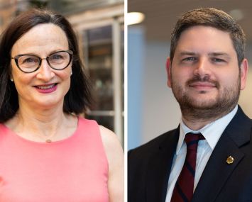 Headshots of a woman and a man side by side.