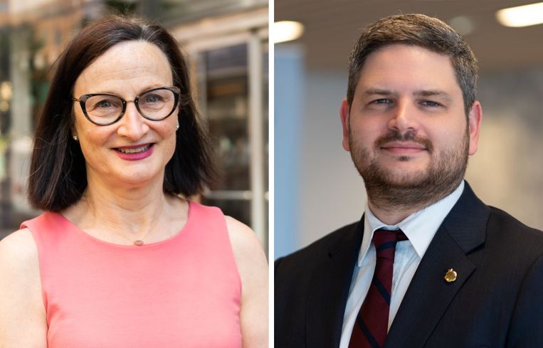 Headshots of a woman and a man side by side.