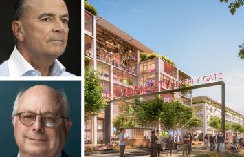 Rick Caruso, Michael Hackman, and a rendering of Hackman Capital Partners' Television City project.